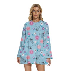 Pink And Blue Floral Wallpaper Round Neck Long Sleeve Bohemian Style Chiffon Mini Dress