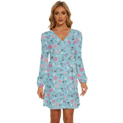 Pink And Blue Floral Wallpaper Long Sleeve Waist Tie Ruffle Velvet Dress