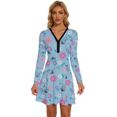 Pink And Blue Floral Wallpaper Long Sleeve Deep V Mini Dress 