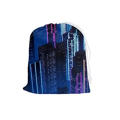 Night Music The City Neon Background Synth Retrowave Drawstring Pouch (large) by Jancukart