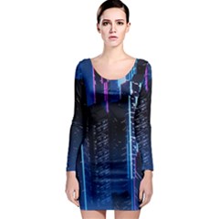 Night Music The City Neon Background Synth Retrowave Long Sleeve Bodycon Dress by Jancukart