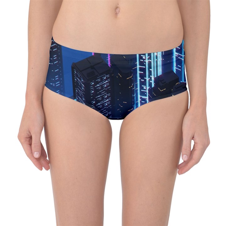 Night Music The City Neon Background Synth Retrowave Mid-Waist Bikini Bottoms