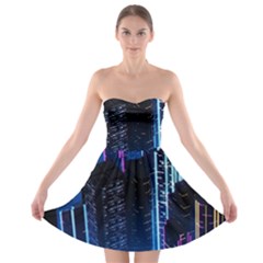 Night Music The City Neon Background Synth Retrowave Strapless Bra Top Dress