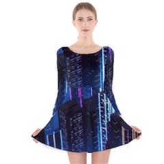 Night Music The City Neon Background Synth Retrowave Long Sleeve Velvet Skater Dress