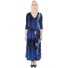 Night Music The City Neon Background Synth Retrowave Quarter Sleeve Wrap Maxi Dress