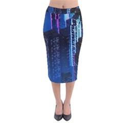 Night Music The City Neon Background Synth Retrowave Velvet Midi Pencil Skirt