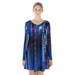 Night Music The City Neon Background Synth Retrowave Long Sleeve Velvet V-neck Dress