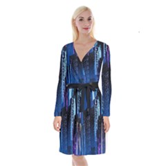 Night Music The City Neon Background Synth Retrowave Long Sleeve Velvet Front Wrap Dress