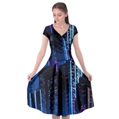 Night Music The City Neon Background Synth Retrowave Cap Sleeve Wrap Front Dress