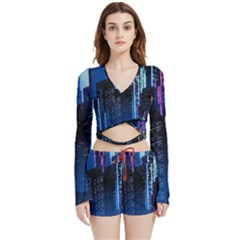 Night Music The City Neon Background Synth Retrowave Velvet Wrap Crop Top And Shorts Set