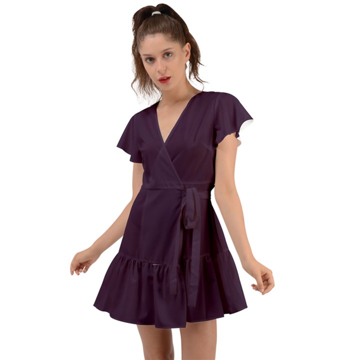 Eggplant Purple	 - 	Flutter Sleeve Wrap Dress