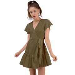 Martini Olive Brown	 - 	flutter Sleeve Wrap Dress by ColorfulDresses