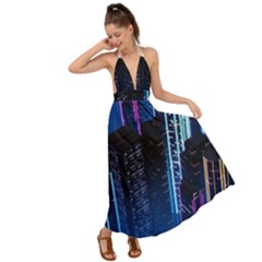 Night Music The City Neon Background Synth Retrowave Backless Maxi Beach Dress