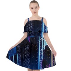 Night Music The City Neon Background Synth Retrowave Cut Out Shoulders Chiffon Dress