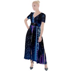 Night Music The City Neon Background Synth Retrowave Button Up Short Sleeve Maxi Dress