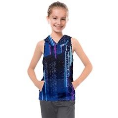 Night Music The City Neon Background Synth Retrowave Kids  Sleeveless Hoodie