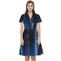 Night Music The City Neon Background Synth Retrowave Short Sleeve Waist Detail Dress