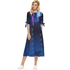 Night Music The City Neon Background Synth Retrowave Bow Sleeve Chiffon Midi Dress