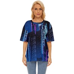 Night Music The City Neon Background Synth Retrowave Oversized Basic Tee