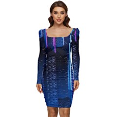 Night Music The City Neon Background Synth Retrowave Women Long Sleeve Ruched Stretch Jersey Dress