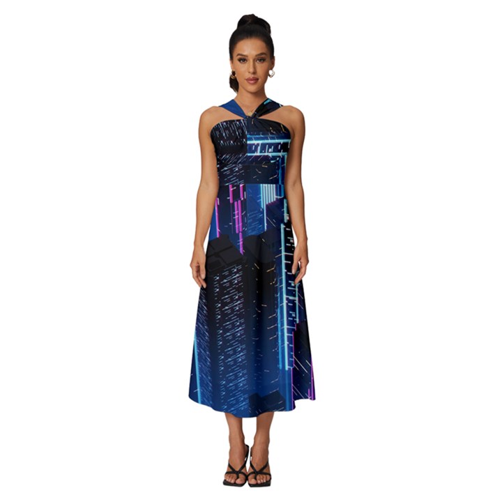 Night Music The City Neon Background Synth Retrowave Sleeveless Cross Front Cocktail Midi Chiffon Dress