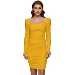 China Yellow	 - 	long Sleeve Ruched Stretch Jersey Dress by ColorfulDresses