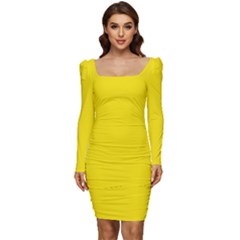 Bumblebee Yellow	 - 	long Sleeve Ruched Stretch Jersey Dress by ColorfulDresses