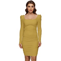 Lemon Curry Yellow	 - 	long Sleeve Ruched Stretch Jersey Dress by ColorfulDresses