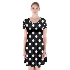 Black And White Polka Dots Short Sleeve V-neck Flare Dress by GardenOfOphir