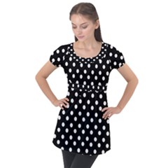 Black And White Polka Dots Puff Sleeve Tunic Top by GardenOfOphir