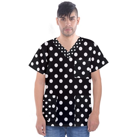 Black And White Polka Dots Men s V-neck Scrub Top by GardenOfOphir