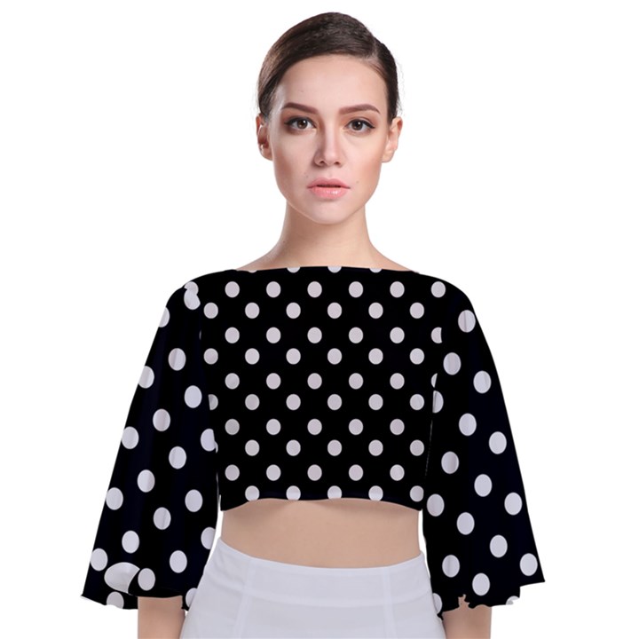 Black And White Polka Dots Tie Back Butterfly Sleeve Chiffon Top