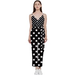 Black And White Polka Dots V-neck Spaghetti Strap Tie Front Jumpsuit by GardenOfOphir