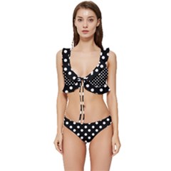 Black And White Polka Dots Low Cut Ruffle Edge Bikini Set by GardenOfOphir