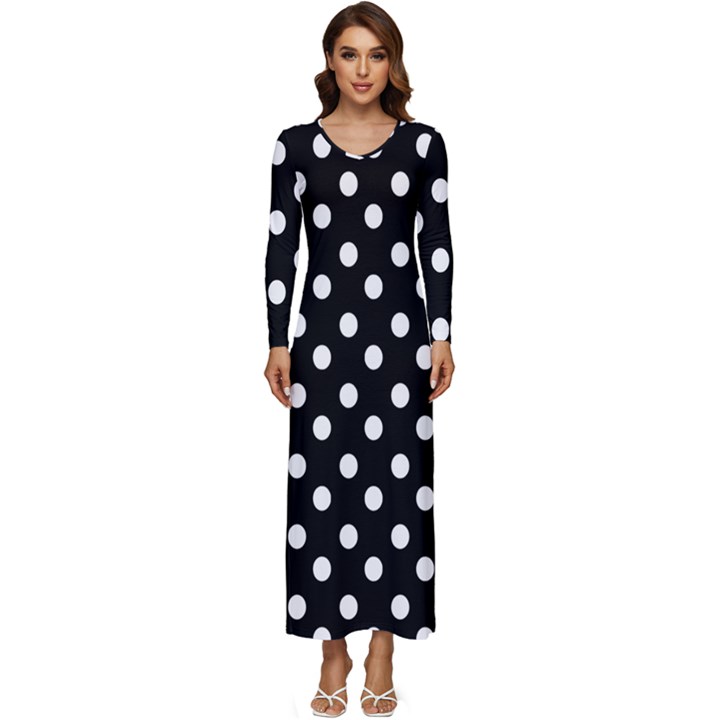 Black And White Polka Dots Long Sleeve Longline Maxi Dress