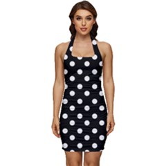 Black And White Polka Dots Sleeveless Wide Square Neckline Ruched Bodycon Dress by GardenOfOphir