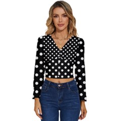 Black And White Polka Dots Long Sleeve V-neck Top by GardenOfOphir