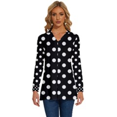 Black And White Polka Dots Long Sleeve Drawstring Hooded Top by GardenOfOphir