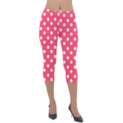 Hot Pink Polka Dots Lightweight Velour Capri Leggings  by GardenOfOphir