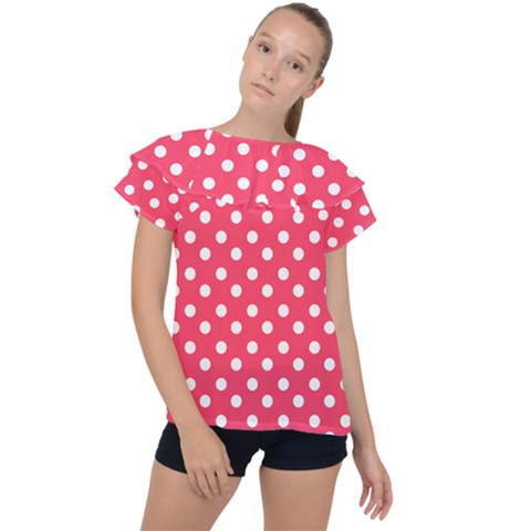 Hot Pink Polka Dots Ruffle Collar Chiffon Blouse by GardenOfOphir