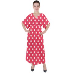 Hot Pink Polka Dots V-neck Boho Style Maxi Dress by GardenOfOphir