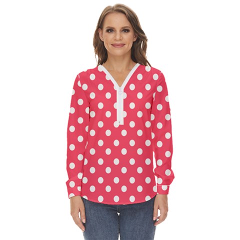 Hot Pink Polka Dots Zip Up Long Sleeve Blouse by GardenOfOphir