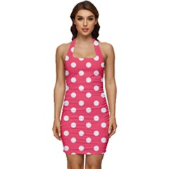 Hot Pink Polka Dots Sleeveless Wide Square Neckline Ruched Bodycon Dress by GardenOfOphir