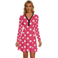 Hot Pink Polka Dots Long Sleeve Deep V Mini Dress  by GardenOfOphir