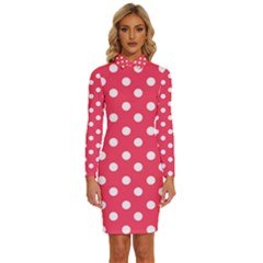 Hot Pink Polka Dots Long Sleeve Shirt Collar Bodycon Dress by GardenOfOphir