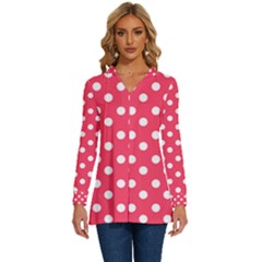 Hot Pink Polka Dots Long Sleeve Drawstring Hooded Top by GardenOfOphir