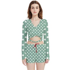 Mint Green Polka Dots Velvet Wrap Crop Top And Shorts Set by GardenOfOphir