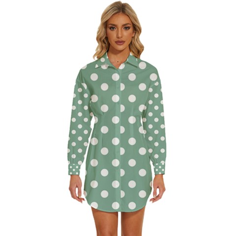 Mint Green Polka Dots Womens Long Sleeve Shirt Dress by GardenOfOphir