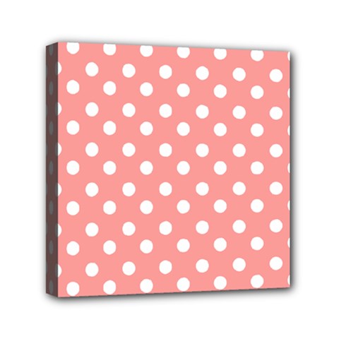 Coral And White Polka Dots Mini Canvas 6  X 6  (stretched) by GardenOfOphir