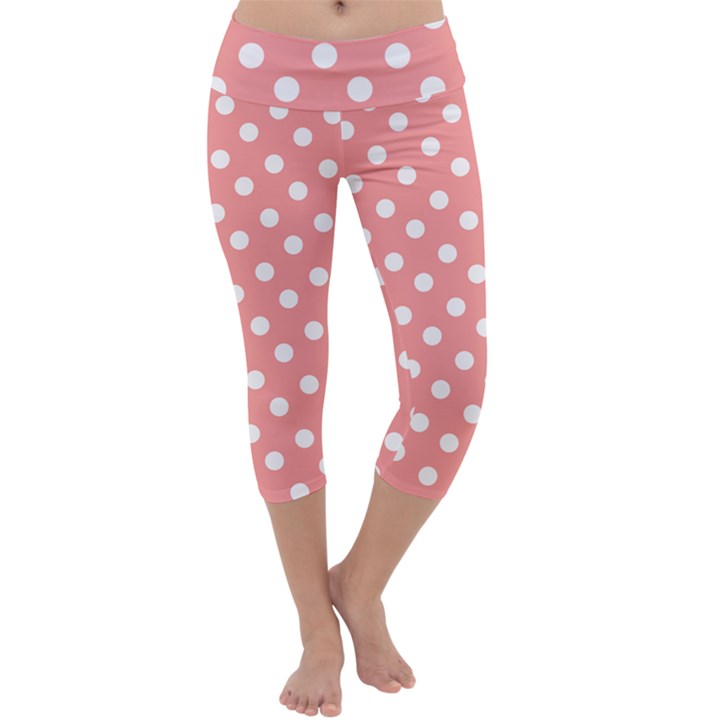 Coral And White Polka Dots Capri Yoga Leggings